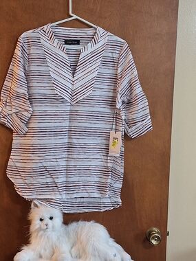 Ivanka Trump White Tunic with Navy & Burgundy Stripes